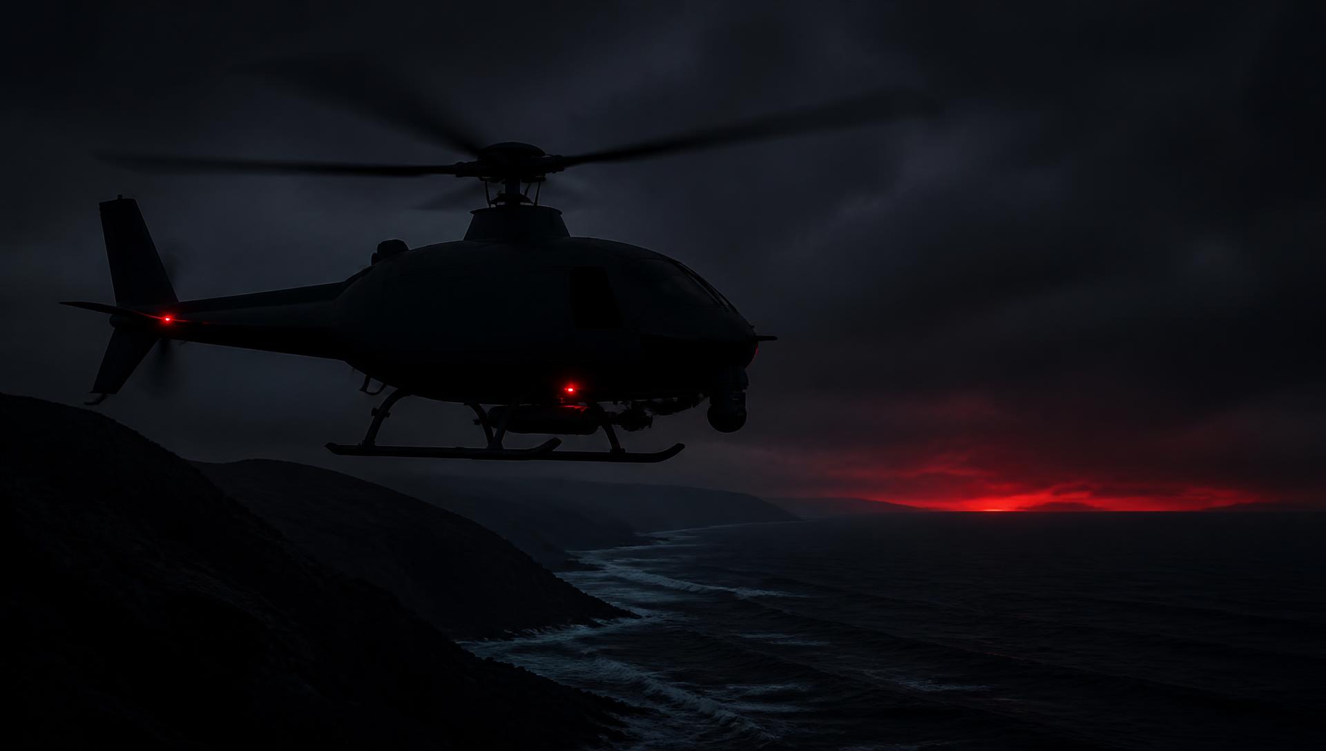 Uncrewed rotary wing aircraft on station over a coastline at dusk